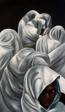 Elisabetta Bolaffio: Uomini, olio su tela.