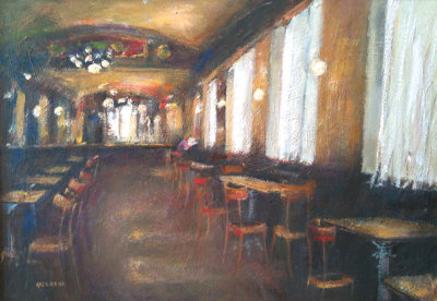 Livio Rosignano: Trieste, Interno di caffer' San Marco, 2008 - olio su tela - cm 100 x 70